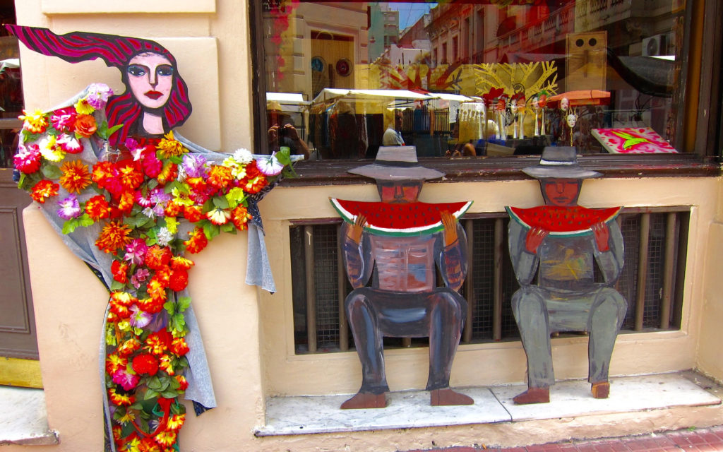 colorful scene outside a restaurant